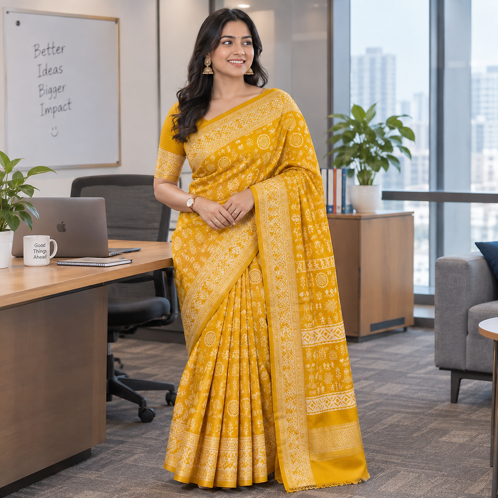 Woman in mustard yellow A33 OXFORD-65 saree in office