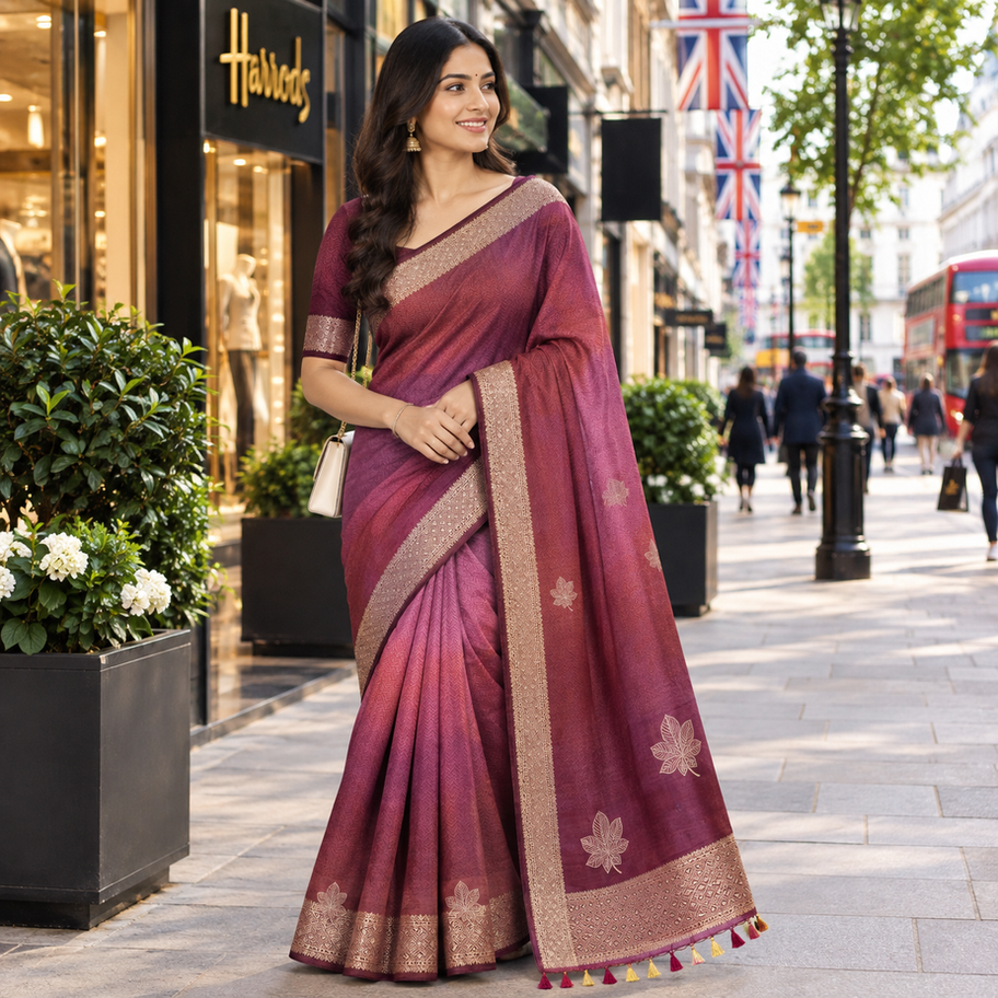A70 Mashru Silk ombre pink and maroon saree in London