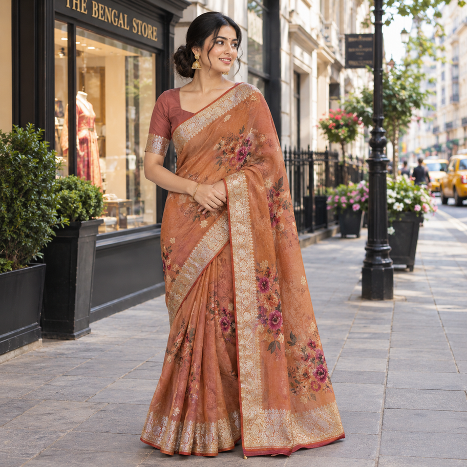 Brown floral print Khaddi Chiffon saree on a woman