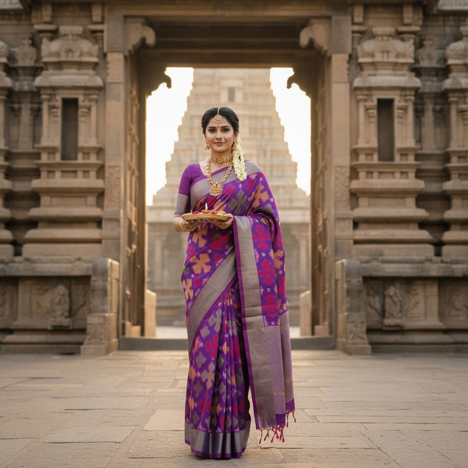 Woman in a violet pochampally saree at a temple entrance