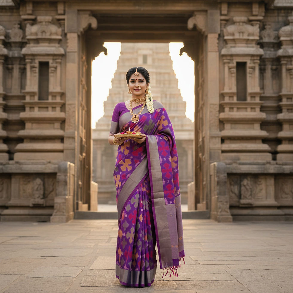 Woman in a violet pochampally saree at a temple entrance