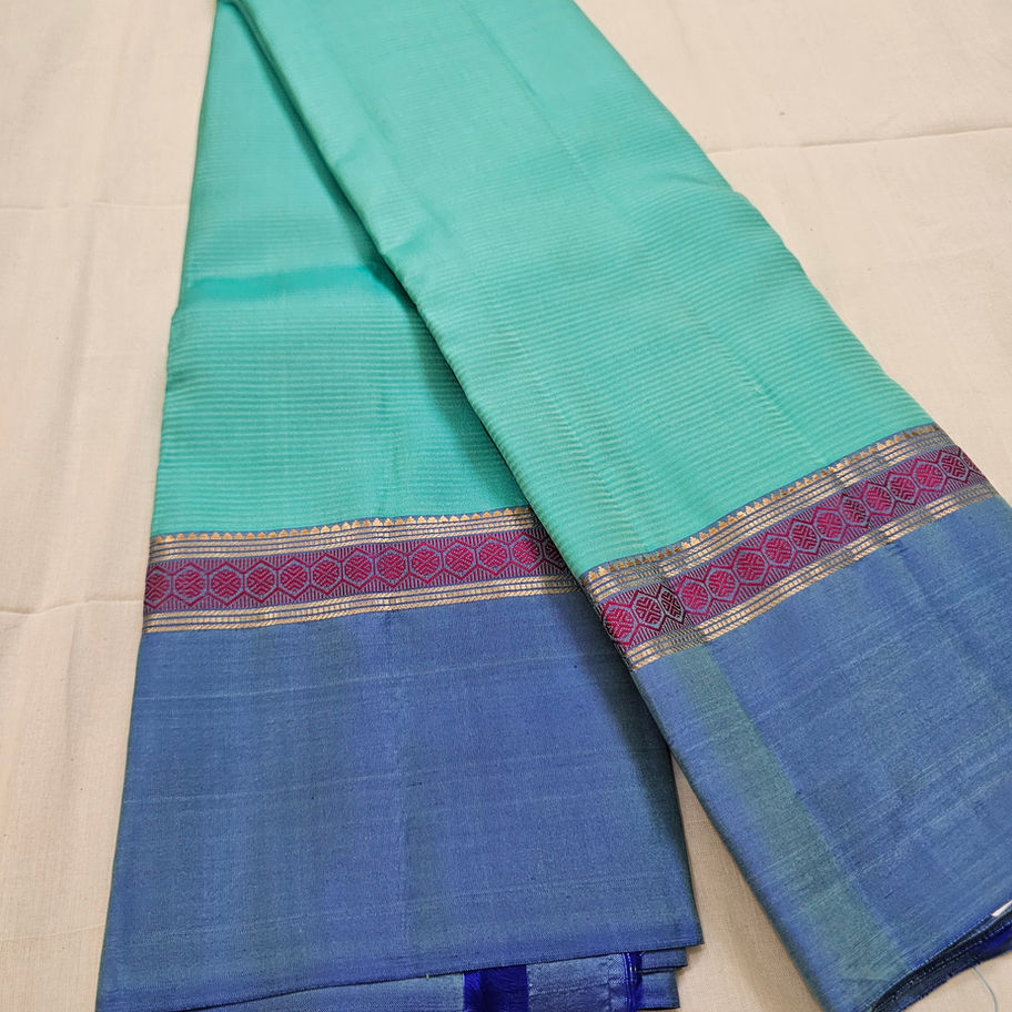 Sea green and dark blue pure soft silk saree