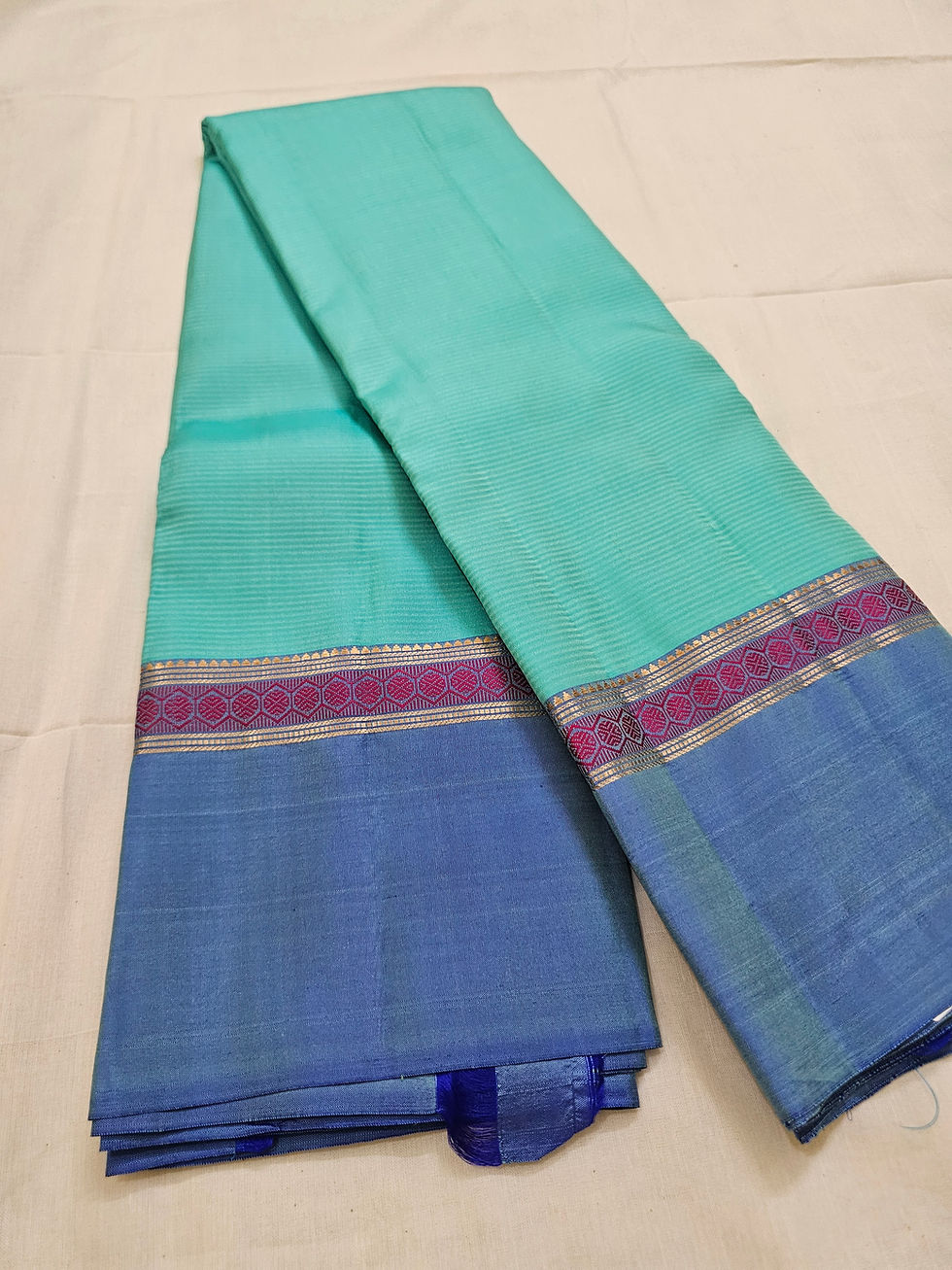 Sea green and dark blue pure soft silk saree