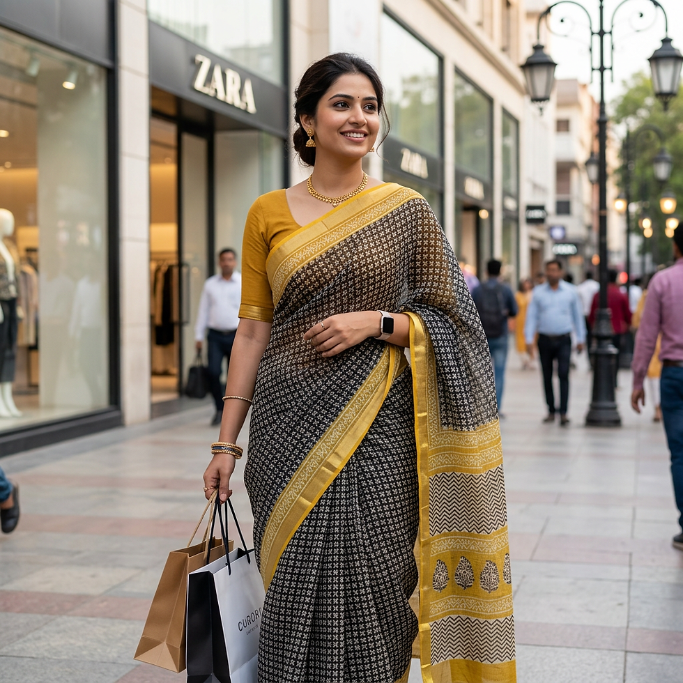 Woman in black and yellow Kota Doria Saree shopping
