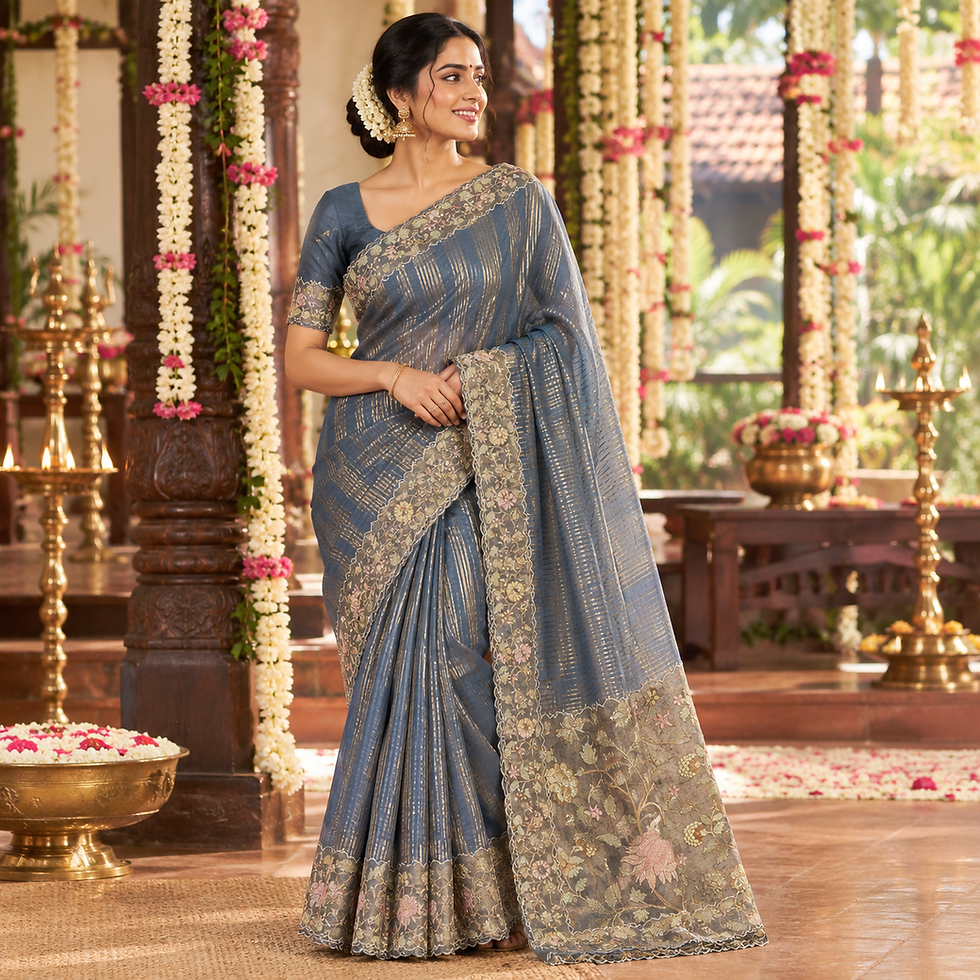 Blue Pure Kora Tissue embroidery patch work saree