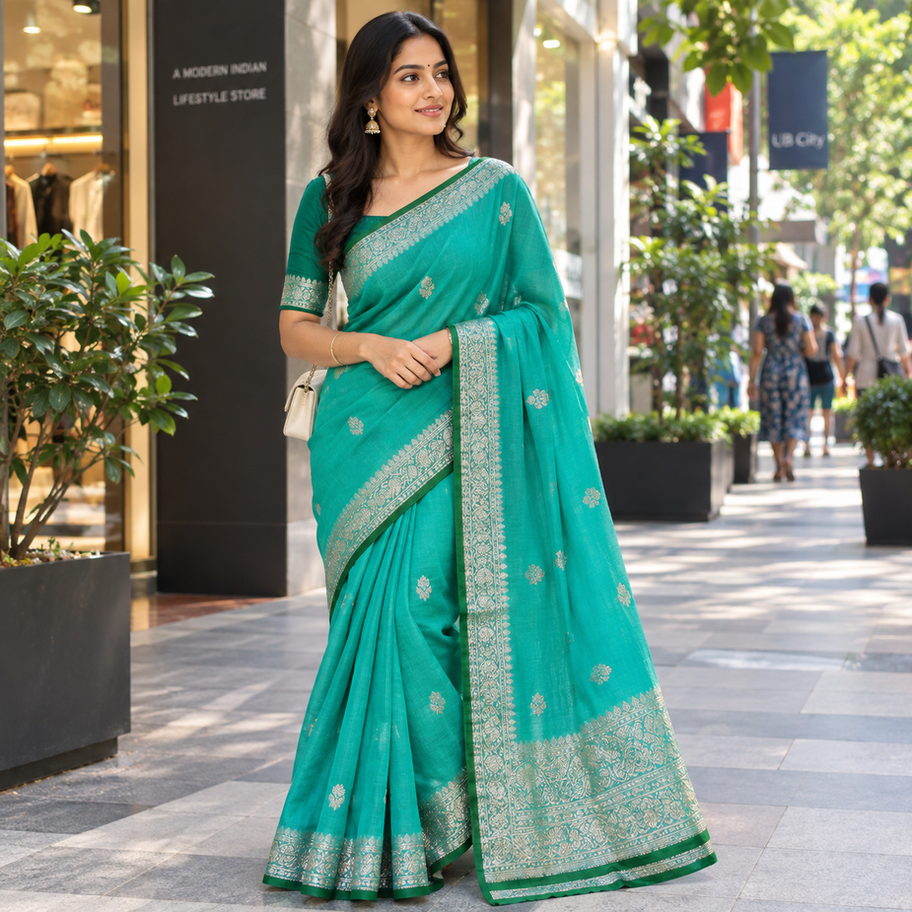 Sapphire green Shiffon Banarasi Saree with silver Jari