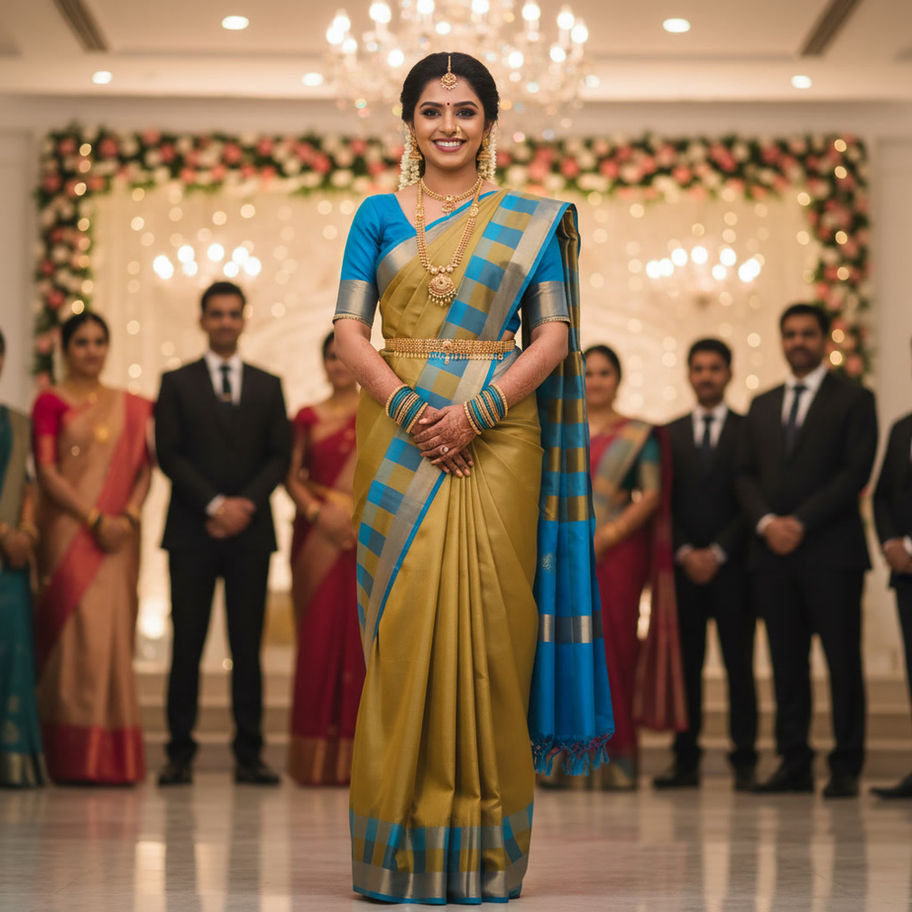 Sky blue and mustard checks single gatti jari saree