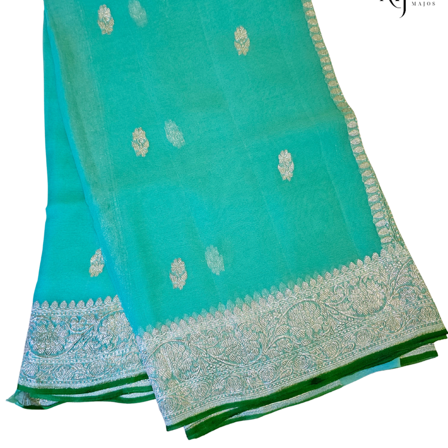 Sapphire green Shiffon Banarasi saree with silver jari