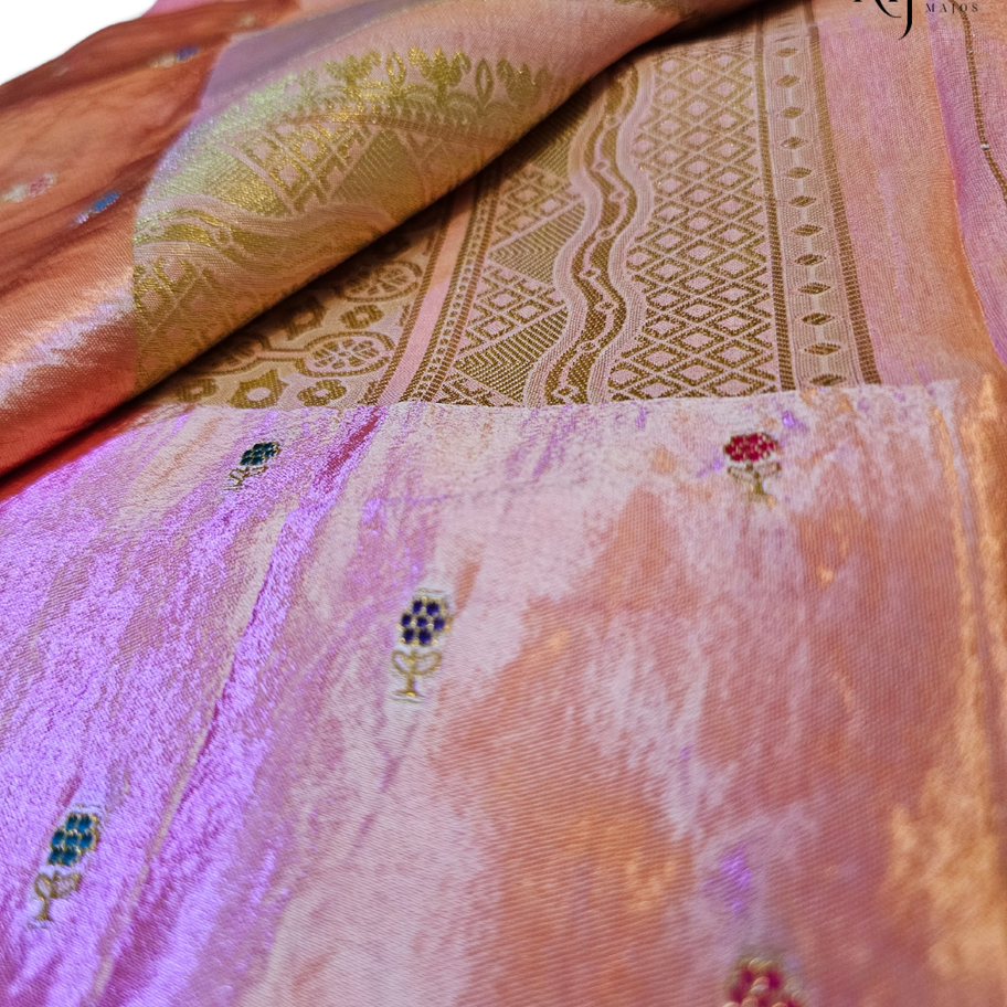 Pink and brown Munga Rangkat silk saree with vertical stripes