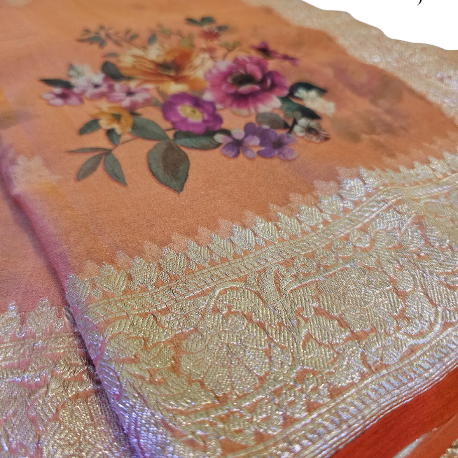 A75- Pure Khaddi Chiffon brown floral print saree