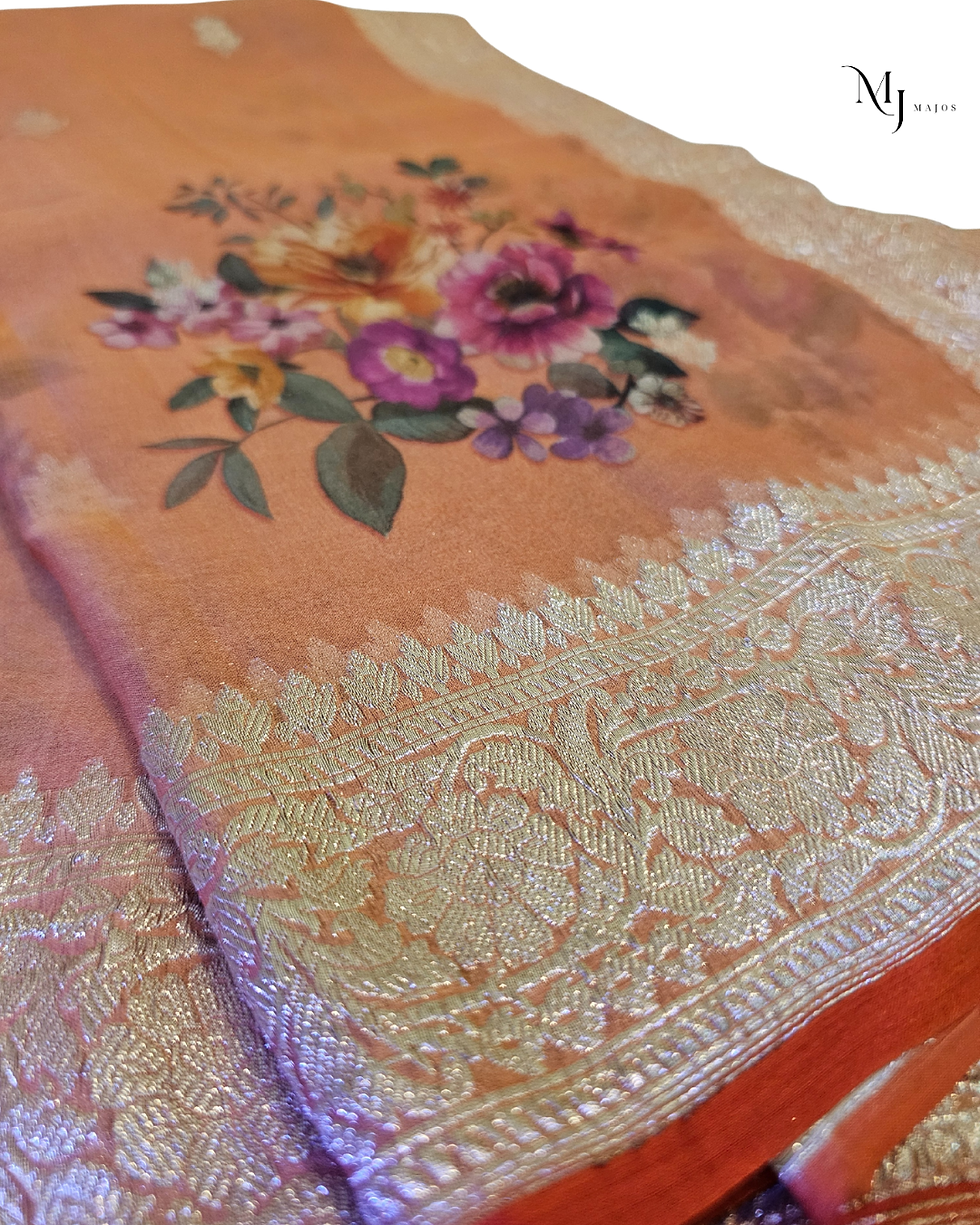 A75- Pure Khaddi Chiffon brown floral print saree