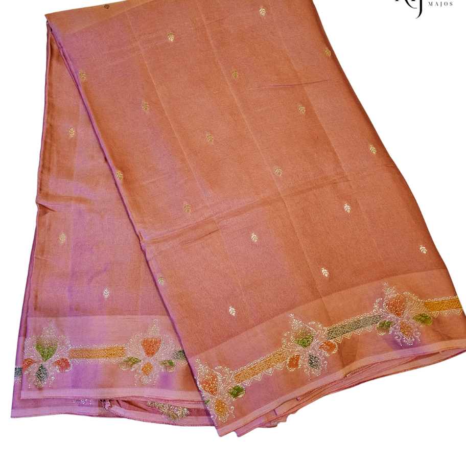 Pastel nude Mashru Mena silk saree with floral border