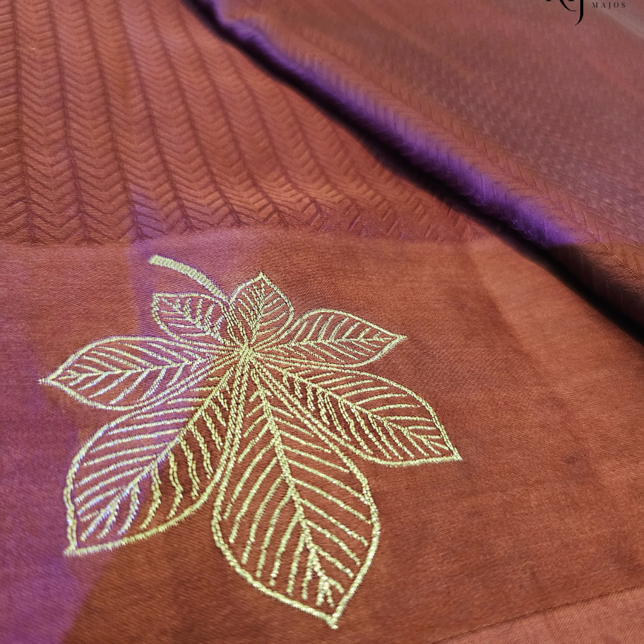 Pink and maroon ombre Mashru silk fabric with leaf design