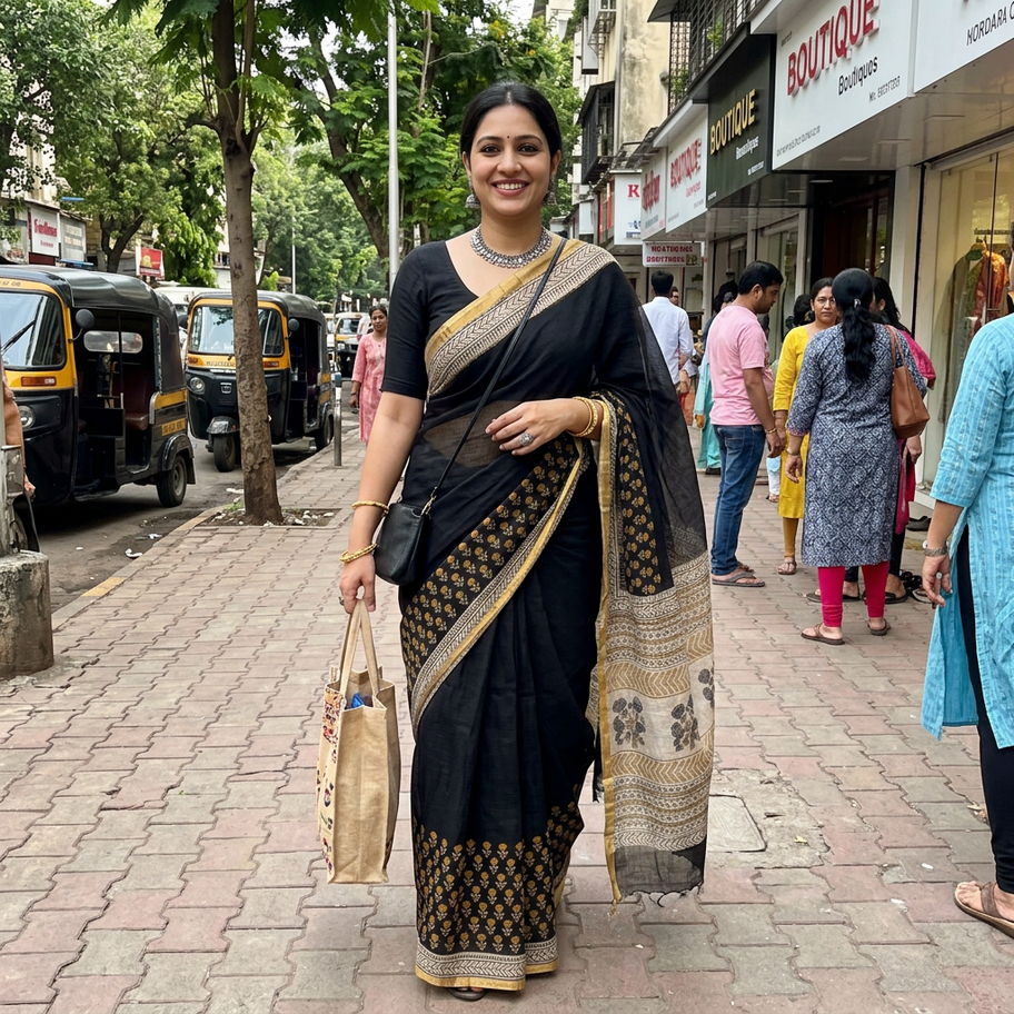 Woman wearing a black Kota Doria saree on a city street