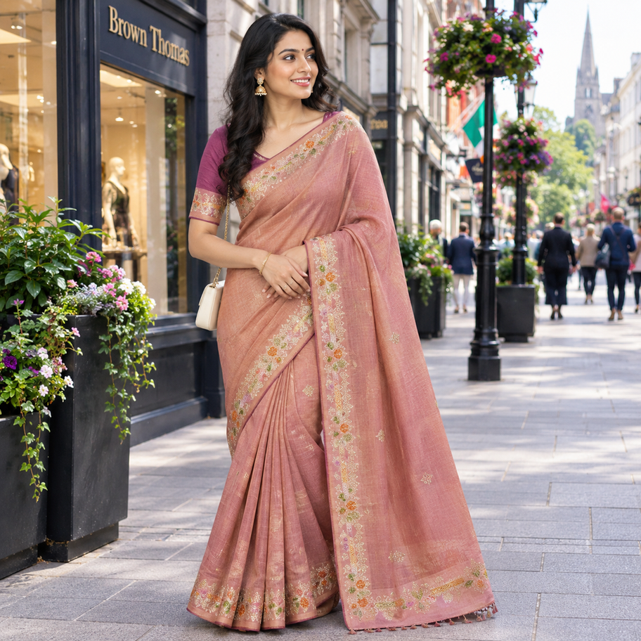 Woman in pastel nude Mashru Mena silk saree in London