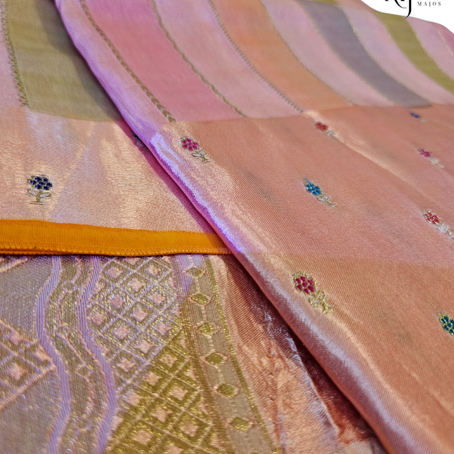 Pink and brown Munga Rangkat silk saree with stripes