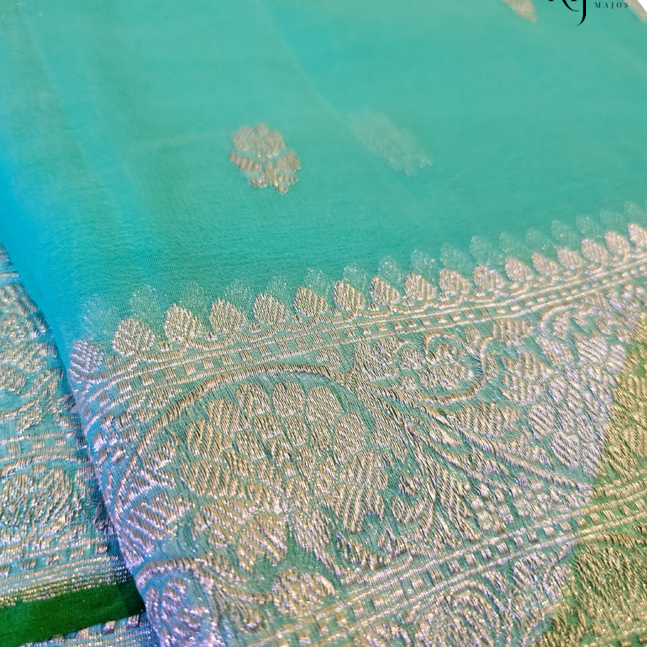 Sapphire blue and green Shiffon Banarasi saree with silver zari border