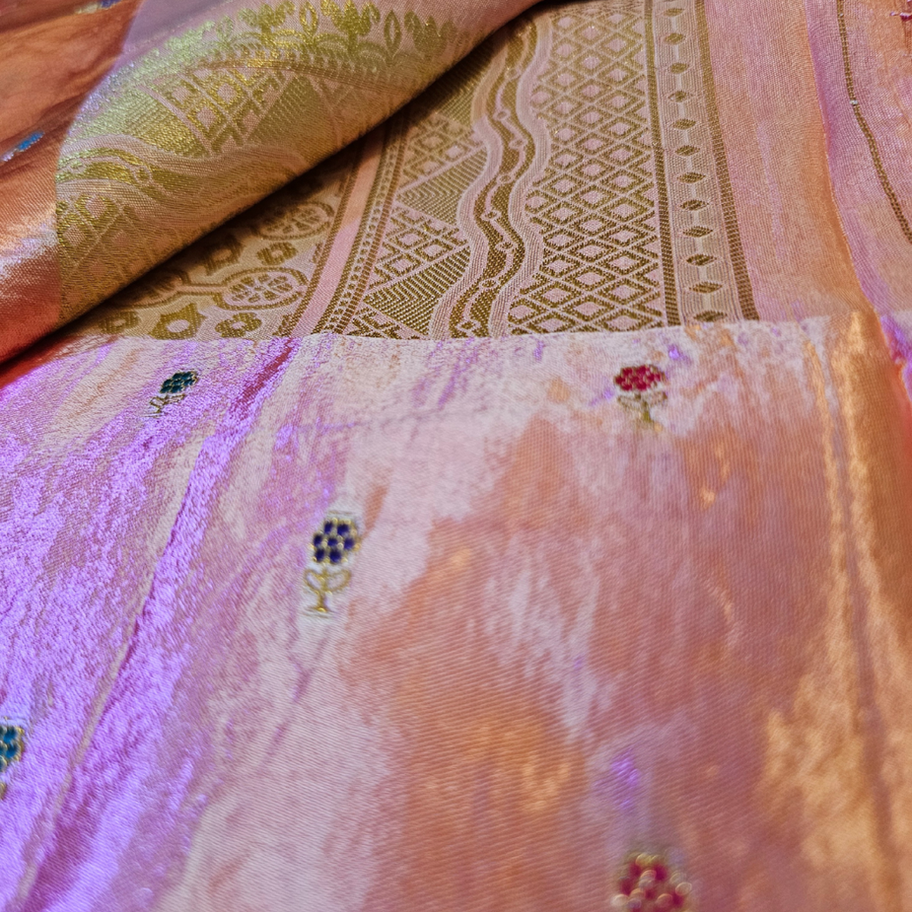 Pink and brown Munga Rangkat silk saree with vertical stripes