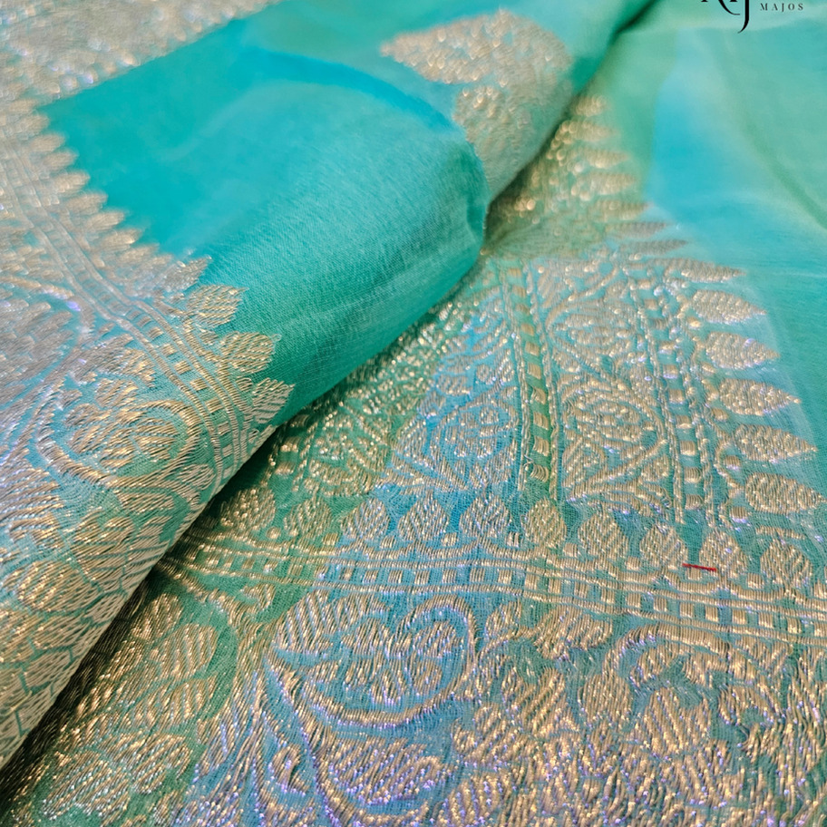 Sapphire and green Shiffon Banarasi Saree silver Jari