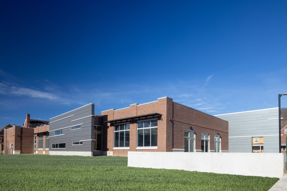 Commercial building with brick and metal facade