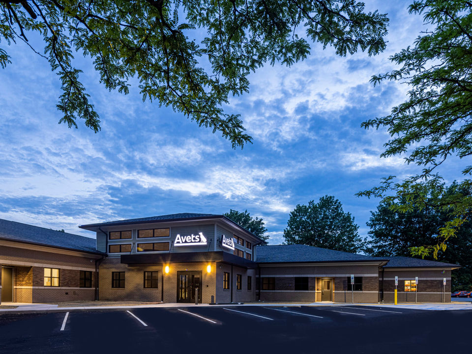 Exterior of a modern corporate building at dusk