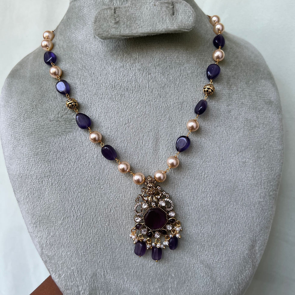 Thumbnail: Pearl and Bead Mala with Cz Stone Pendant Mala - 18 to 20 inches