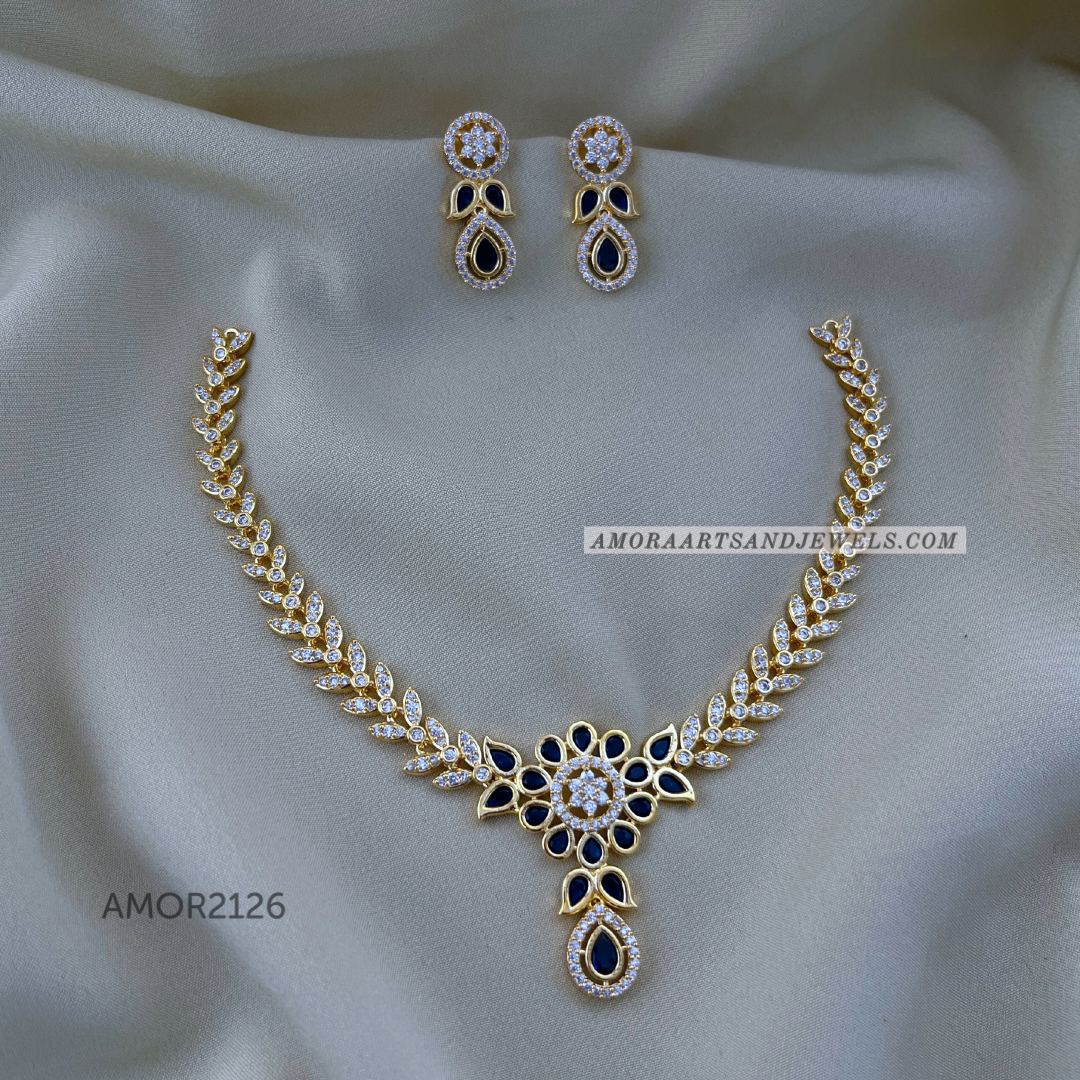 Gold Polish AD Short Necklace - Navy Blue!!