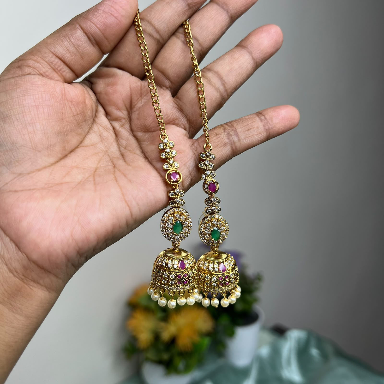Antique Polished Jhumka with Sided Chain - A7682
