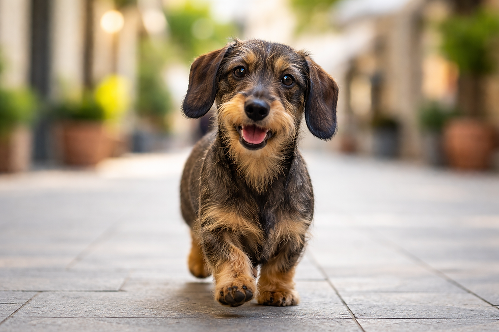 Teckel de pelo duro feliz paseando en la ciudad