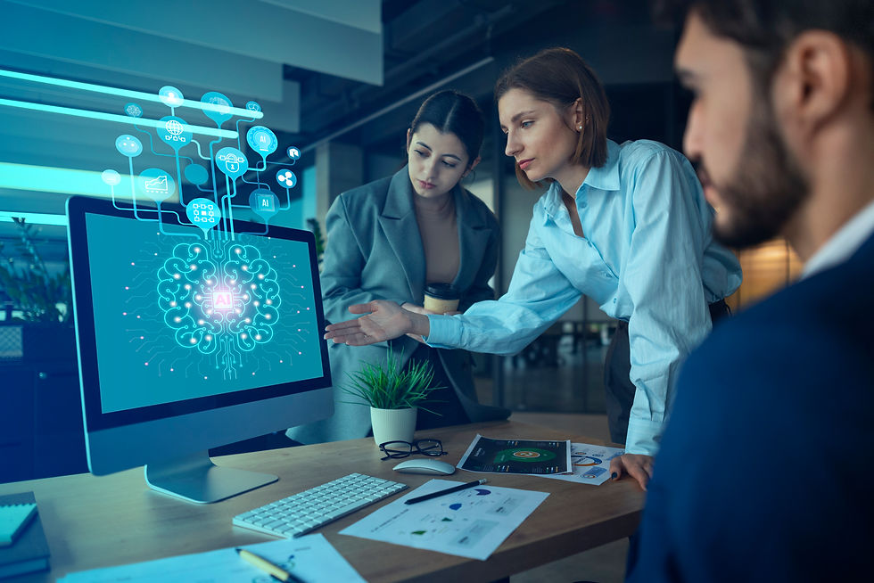 Three people looking at a screen that shows the use of AI.