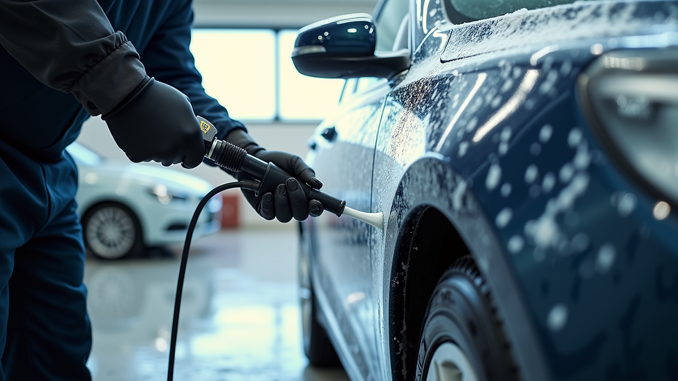 Close-up view of a mobile car cleaning professional washing a car exterior