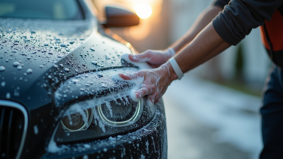 Close-up view of a car being hand-washed with foam