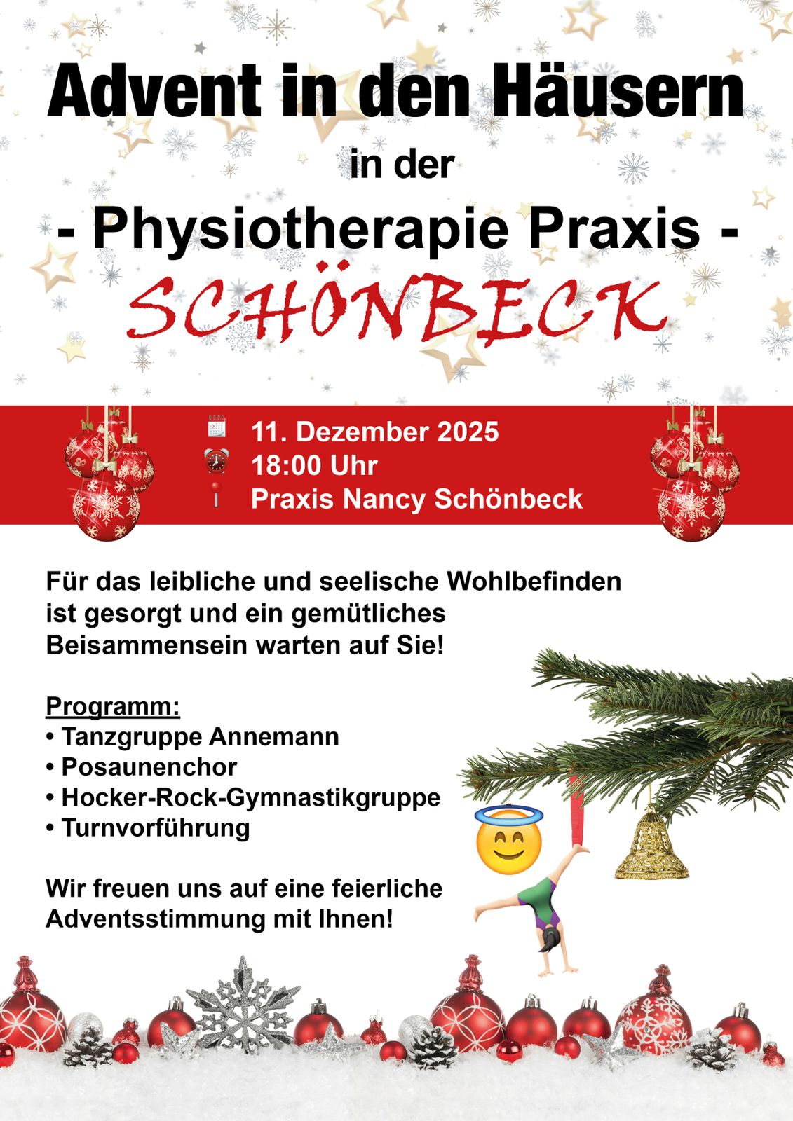 Flyer für Adventsfest am 11. Dezember 2025 in der Physiotherapie - Praxis Schönbeck. Beginn ist um 18 Uhr und es wird Getränke und Snacks, sowie ein Programm geben. Das Pgramm beinhaltet: Eine Tanzgruppe, einen Chor, Hocker Rock Gymnastikgruppe und eie Turnvorführung.