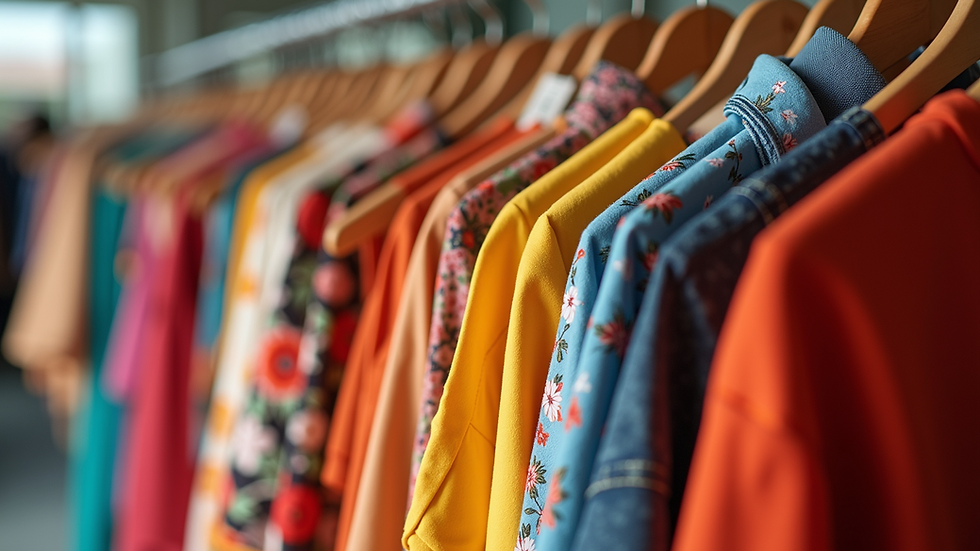 Eye-level view of a clothing rack with vibrant Australian fashion pieces
