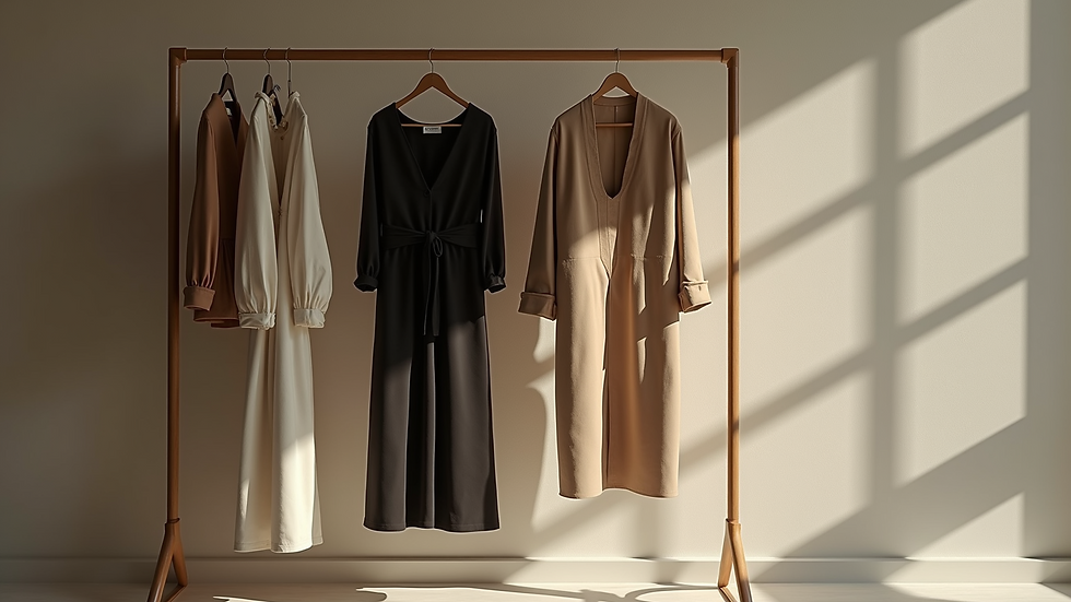 Eye-level view of a minimalist capsule wardrobe with timeless pieces