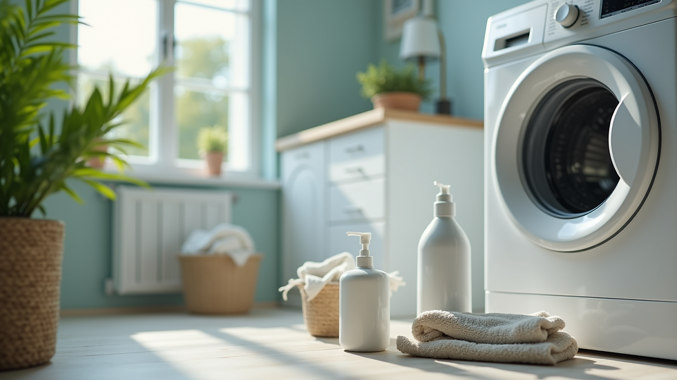Close-up of eco-friendly laundry care products next to a washing machine