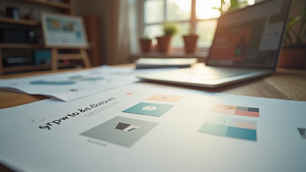 Eye-level view of a creative workspace with branding materials spread out