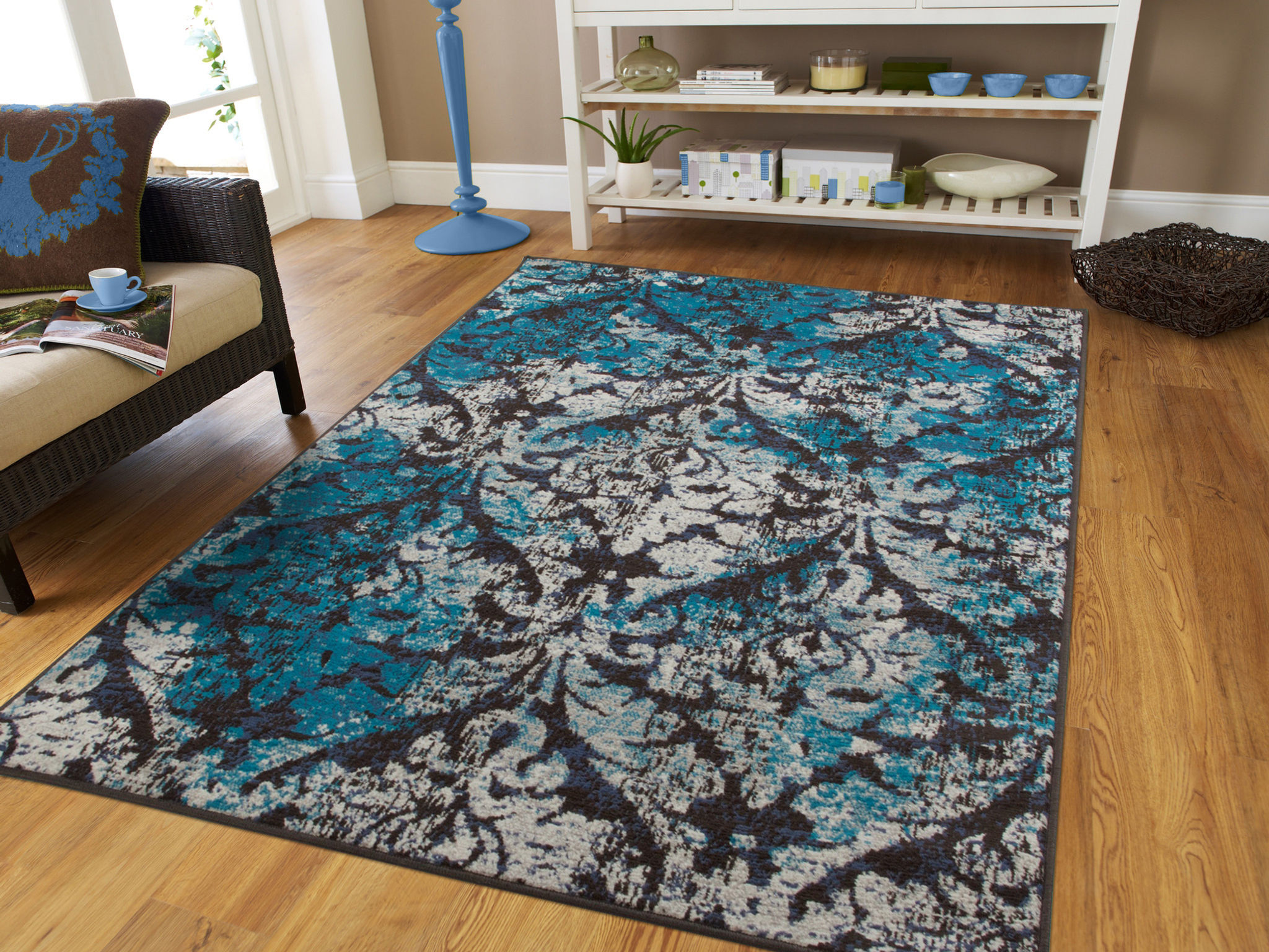 Modern Distressed Area Rugs Navy, Gray, Black, Teal