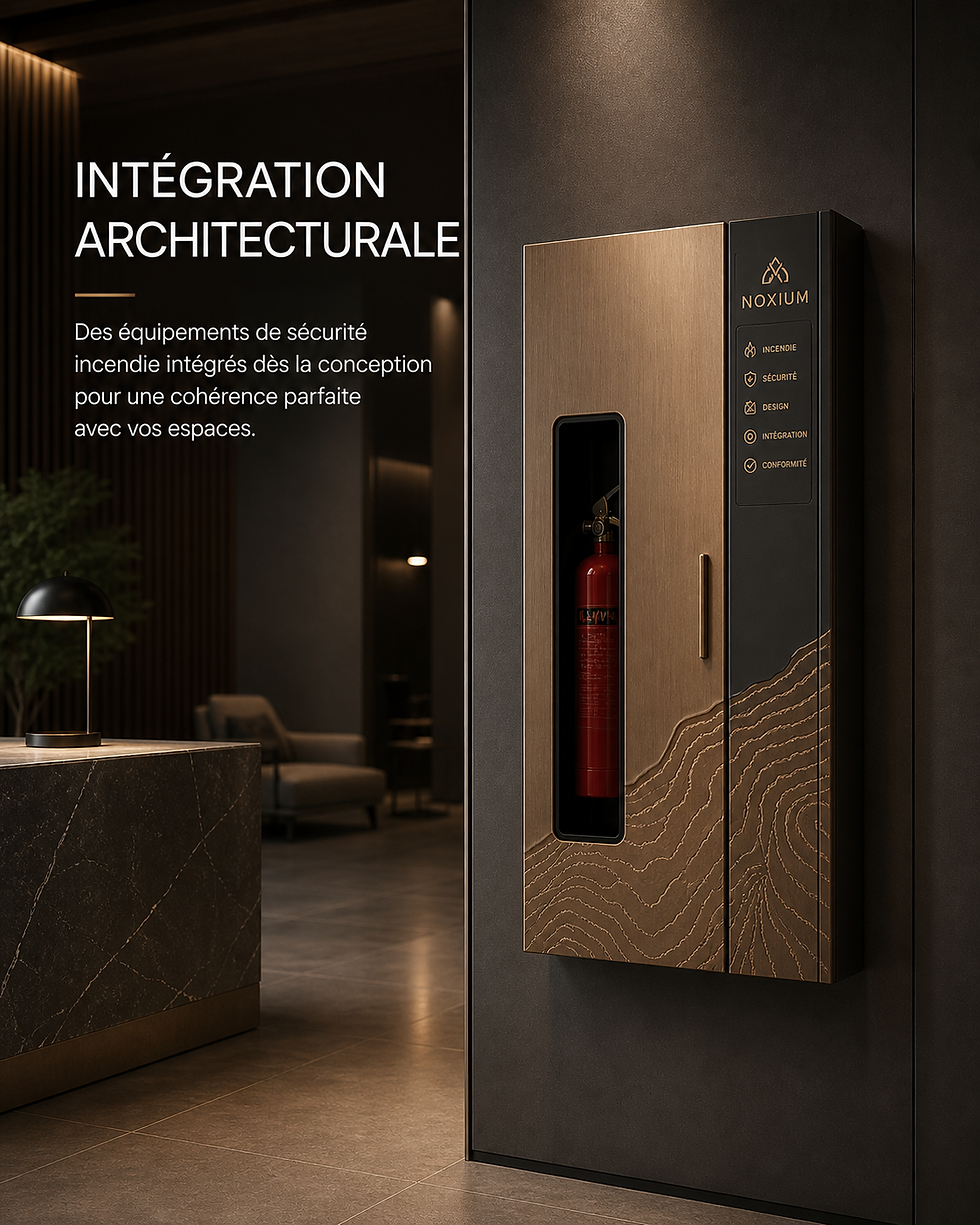 Eye-level view of a modern wooden fire extinguisher cover mounted on a wall