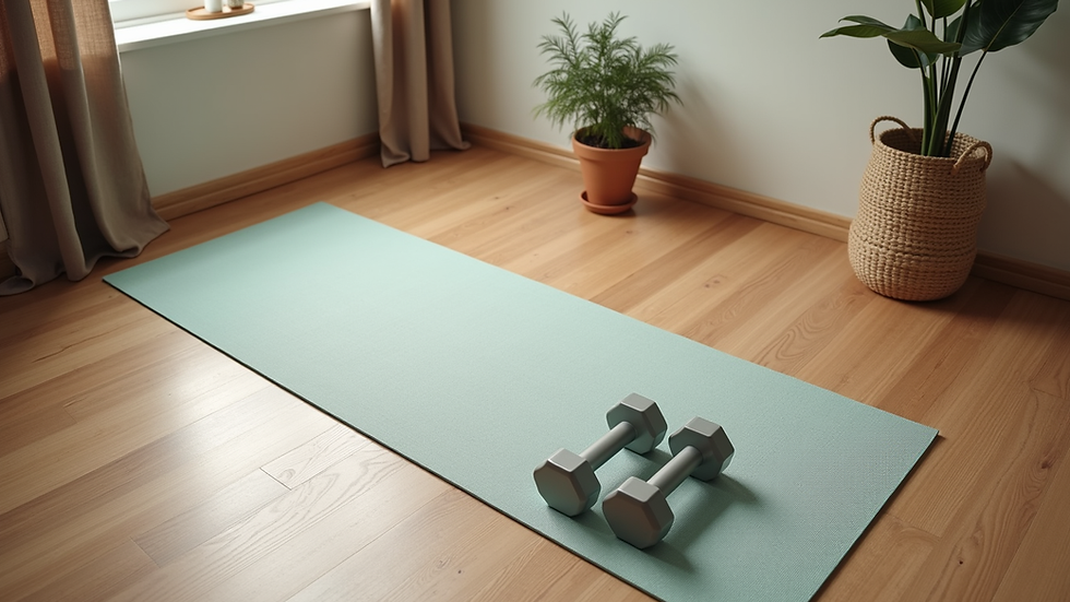 High angle view of a calm home workout space with yoga mat and light weights