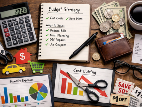 Budget planning for 2026 with notebook showing savings strategies, calculator, cash, coupons, and charts for monthly expenses and cost cutting.