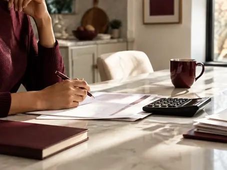 Person in a burgundy sweater reviewing mortgage paperwork at a marble kitchen table with a calculator, pen, and coffee mug