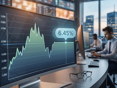 Modern financial trading office with large desktop monitor displaying a fluctuating interest rate chart at 6.45%, stock ticker boards in the background, and professionals analyzing market data at their workstations.