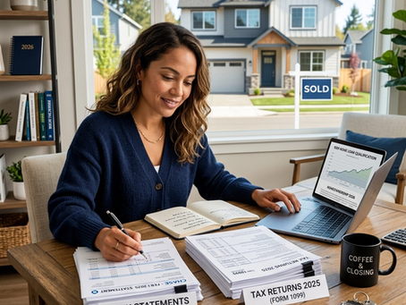 A homebuyer reviews and signs financial documents at a desk with bank statements and tax returns, while a laptop shows loan qualification progress and a “sold” sign is visible outside, representing mortgage approval and closing preparation.