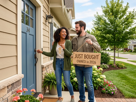 A happy couple stands at the front door of their new home holding keys and a “just bought” sign, celebrating homeownership and a successful home purchase in 2026.