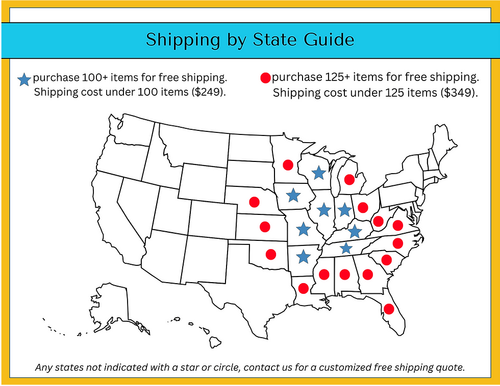 Shipping by State Guide: US map shows states with free shipping for 100+ items ($249 under) with stars, and 125+ items ($349 under) with circles.