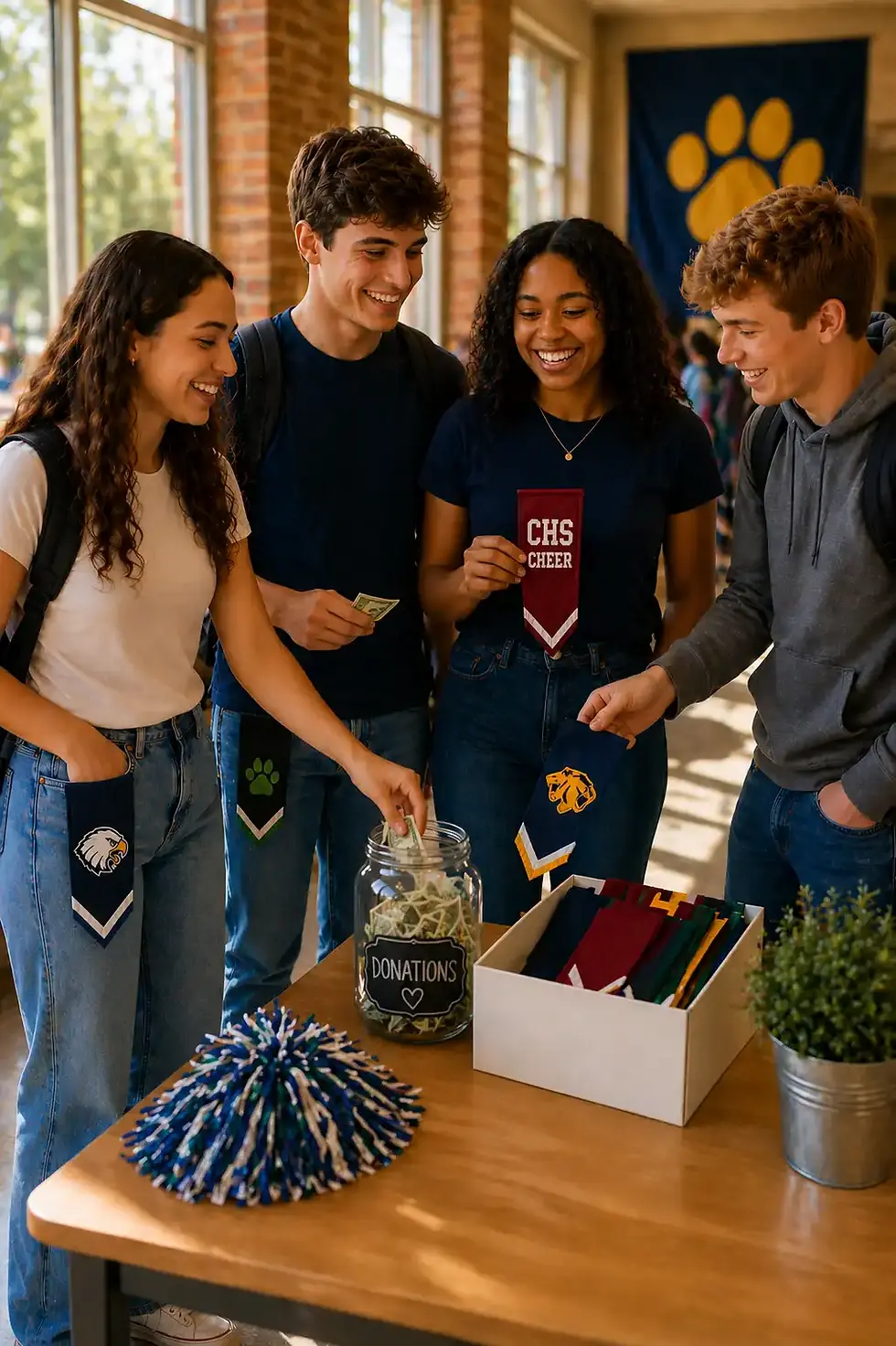 Diverse students smiling at school event table with pennants