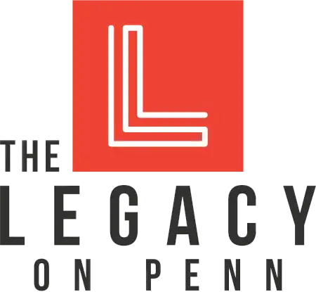Logo with stylized white L on red, THE LEGACY ON PENN.