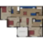 Floor plan with Bedroom 1, 2, 3, Living, Dining, Kitchen, Balcony.