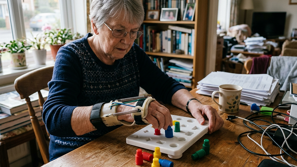 Close-up view of therapy equipment used for neurological rehabilitation in a home setting